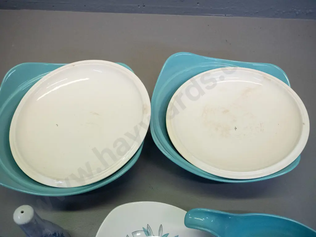 retro serving and table ware - 2 Midwinter lidded veges, gravy boat and saucer, and an Old Foley salt & pepper - some Image 1++