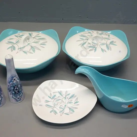 retro serving and table ware - 2 Midwinter lidded veges, gravy boat and saucer, and an Old Foley salt & pepper - some
