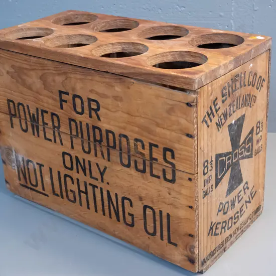 timber Shell Co. of NZ "Cross" brand kerosene crate - top may have been added later, has screws and filled holes H390