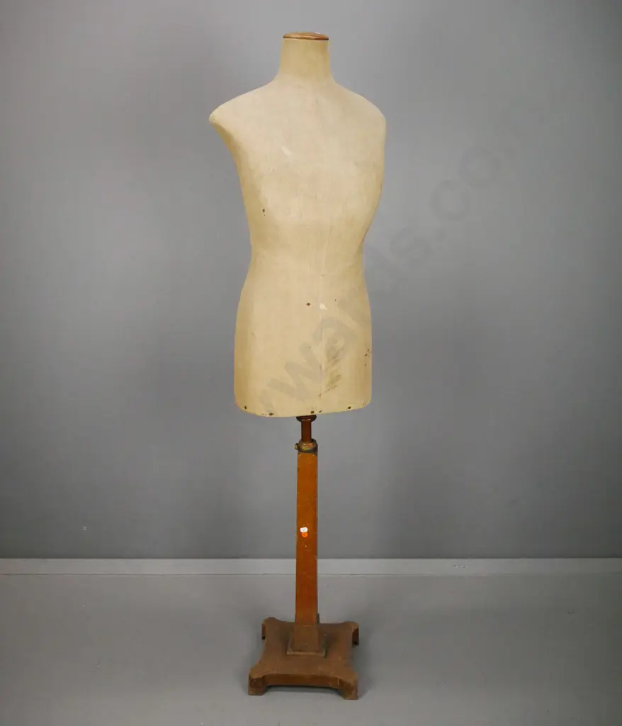 vintage dressmaker's form on oak platform base with wooden top cap - some wear & staining to fabric and polish H-1560 Image 1++