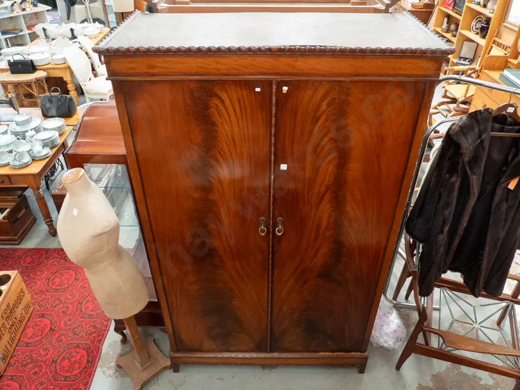 vintage 2 door flame mahogany wardrobe with brass latches, shelves and boot drawers inside H-2020 W-1210 D-550 Image 1++