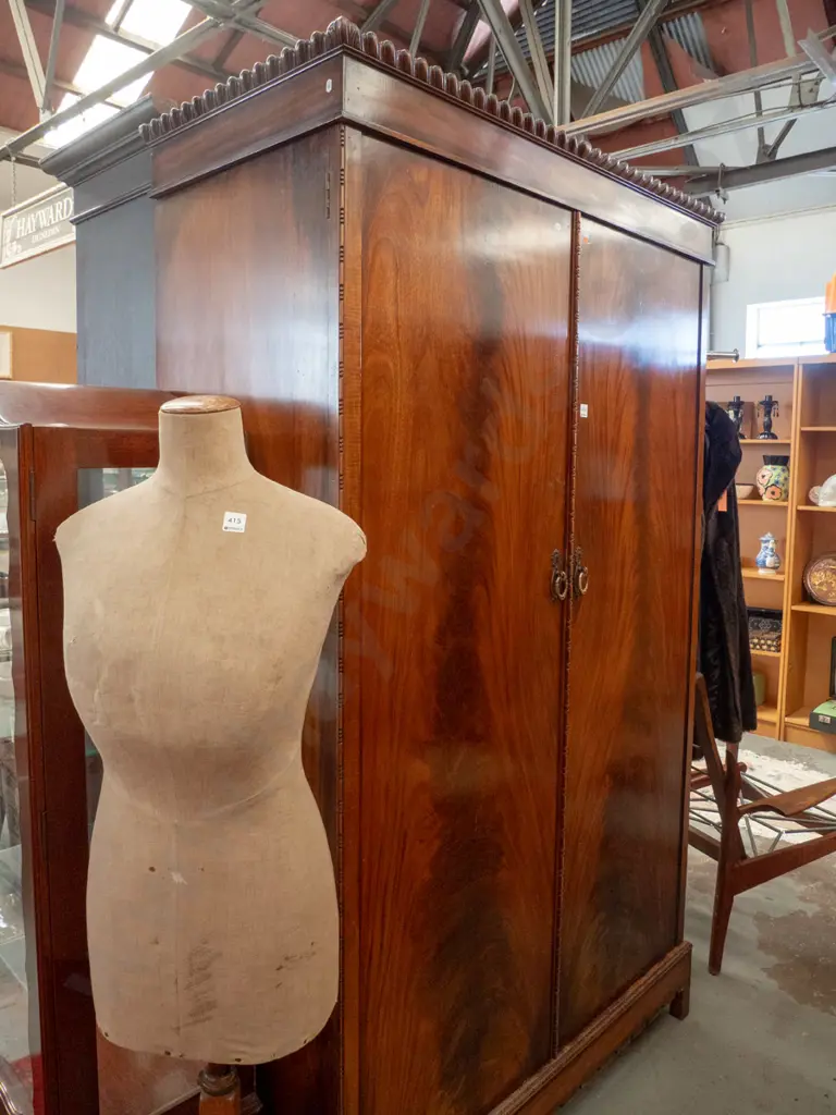 vintage 2 door flame mahogany wardrobe with brass latches, shelves and boot drawers inside H-2020 W-1210 D-550 Image 1++