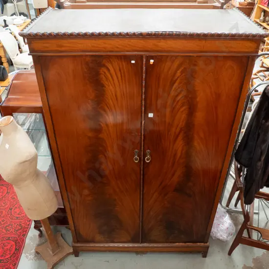 vintage 2 door flame mahogany wardrobe with brass latches, shelves and boot drawers inside H-2020 W-1210 D-550