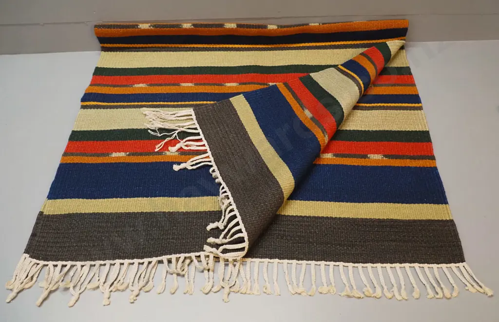 hand woven wool rug / wall hanging with multi-colour stripe pattern and plaited fringe, vg condition L1700 W960 Image 1++