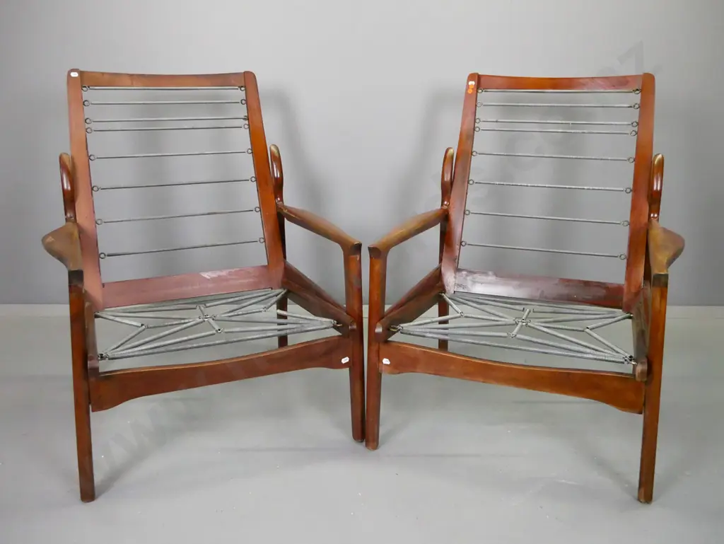 pair of mid-century mahogany lounge chairs with concord shaped arms - no squabs, some scratching and wear to finish, one Image 1++