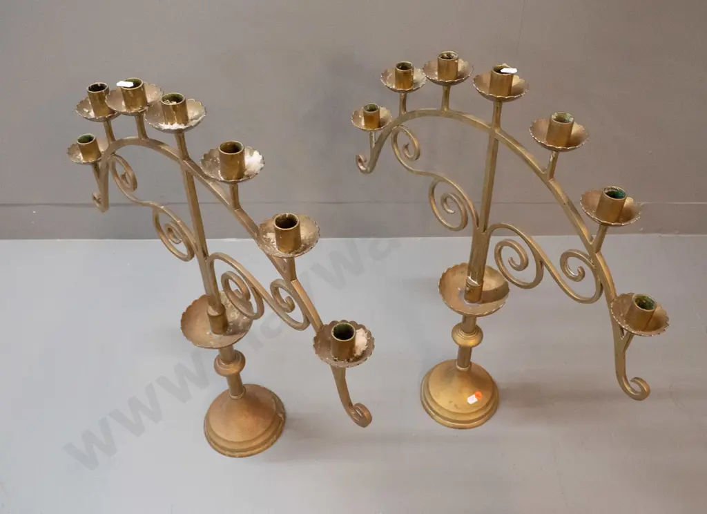 pair of large 7-candle ecclesiastical style candle holders - some age wear & wax residue H-620 W-580 Image 1++