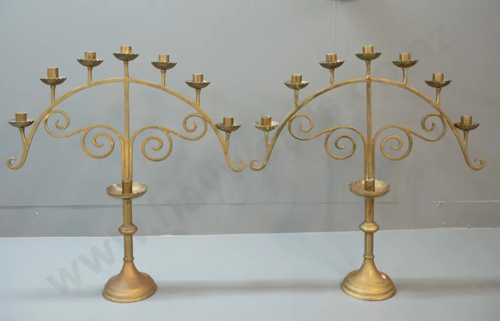 pair of large 7-candle ecclesiastical style candle holders - some age wear & wax residue H-620 W-580 Image 1++