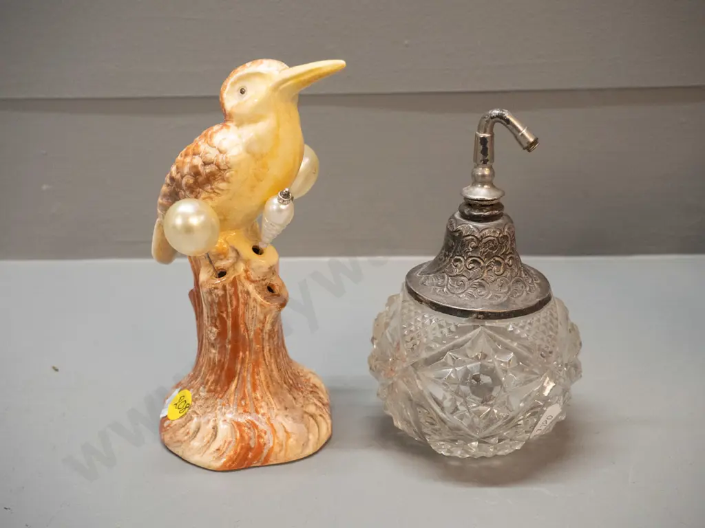 Sylvac kingfisher hat pin holder with 3 hat pins and a cut glass perfume bottle, plated top needs attention Image 1++