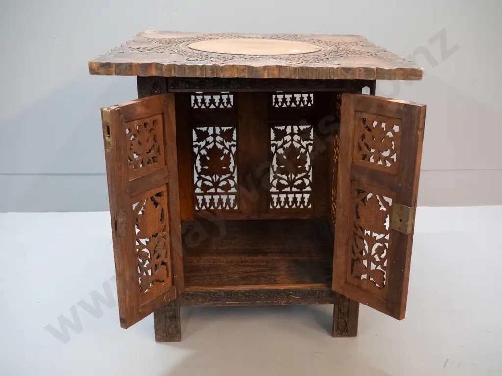 Indian or middle-eastern carved & fretted hardwood collapsible 2-door cabinet H-480 W-460 D-460 Image 1++