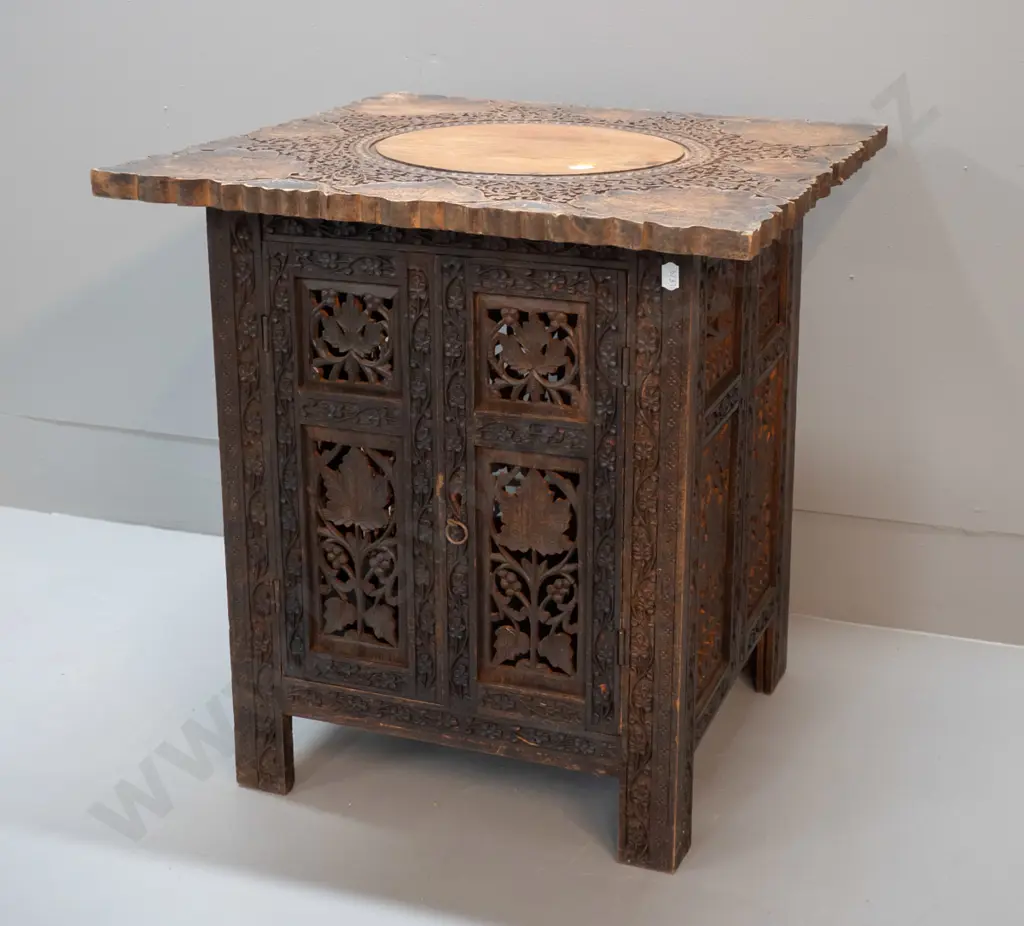 Indian or middle-eastern carved & fretted hardwood collapsible 2-door cabinet H-480 W-460 D-460 Image 1++