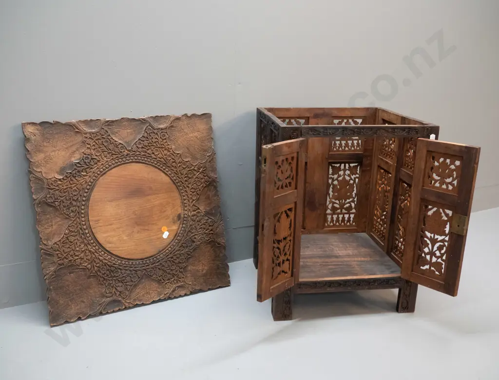 Indian or middle-eastern carved & fretted hardwood collapsible 2-door cabinet H-480 W-460 D-460 Image 1++