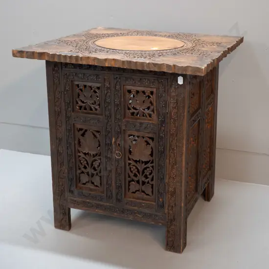 Indian or middle-eastern carved & fretted hardwood collapsible 2-door cabinet H-480 W-460 D-460