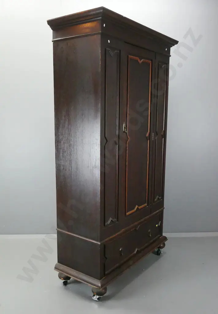 vintage oak single door wardrobe with panelled sides and door, moulded trim to drawer and door, bevelled mirror inside Image 1++