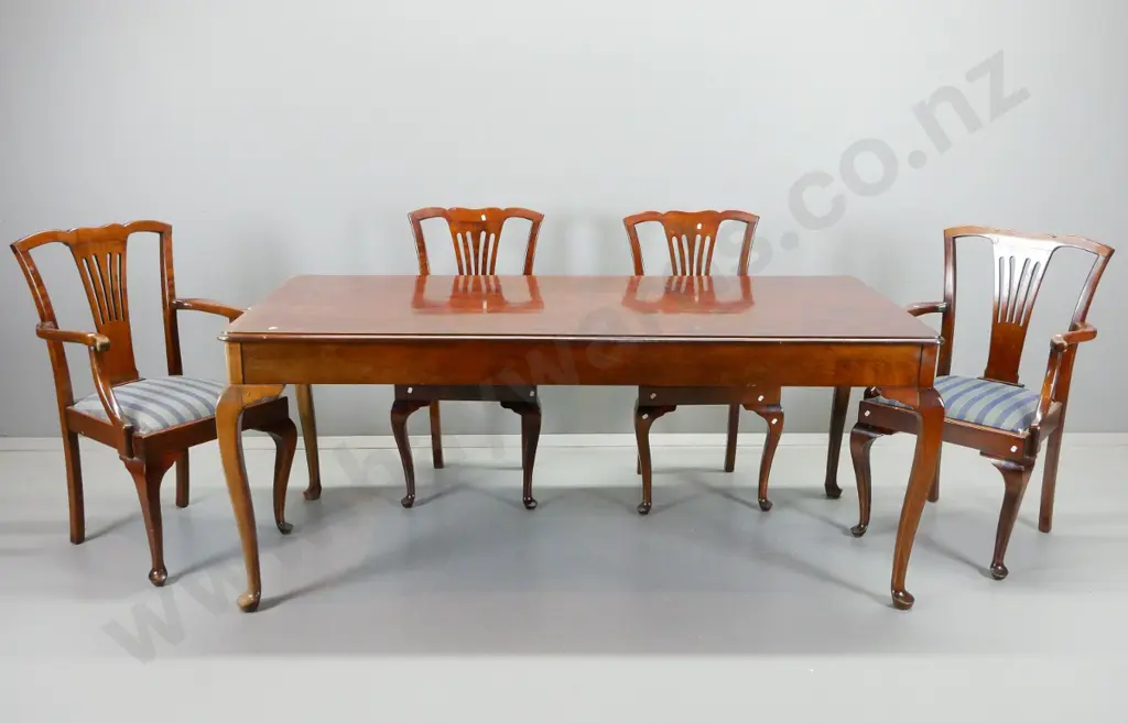vintage beech dining suite w/ cab leg table, 4 pierced back splats chairs, 2 are carvers - fading to one end, marks and Image 1++