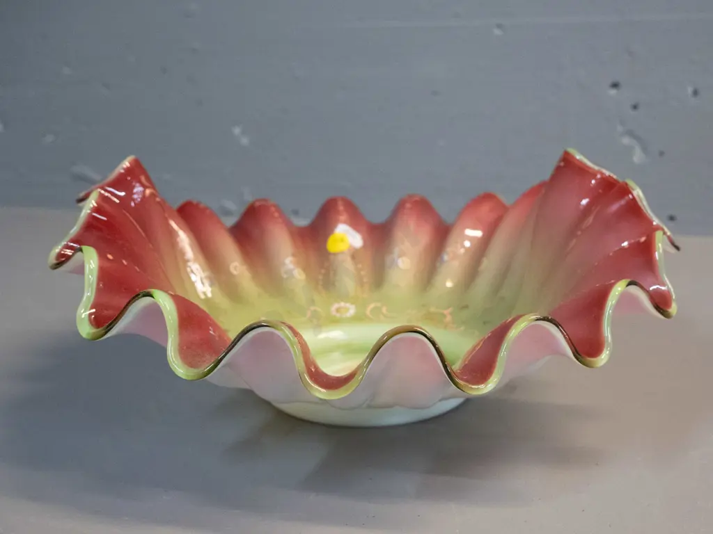 vintage hand blown multi-colour and milk glass frilled bowl H-240 L-340 Image 1++