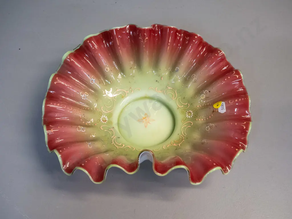 vintage hand blown multi-colour and milk glass frilled bowl H-240 L-340 Image 1++