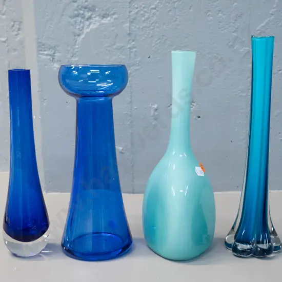 4 small blue or teal art glass vases - tallest is H-260