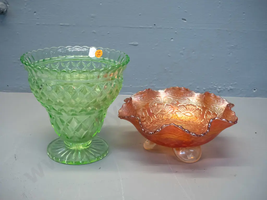 green uranium glass rose bowl vase H-160 D-160 w/ damaged frog and a marigold carnival glass frilled edge floral motif Image 1++