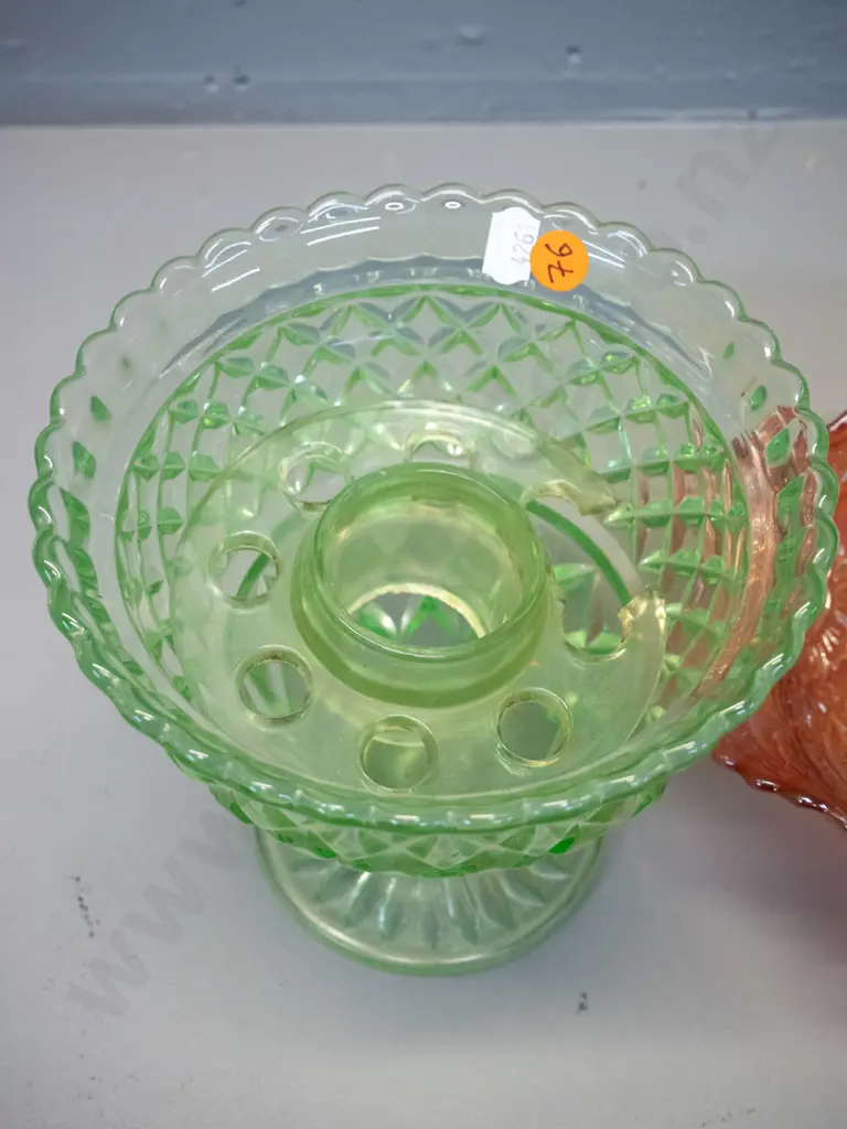 green uranium glass rose bowl vase H-160 D-160 w/ damaged frog and a marigold carnival glass frilled edge floral motif Image 1++