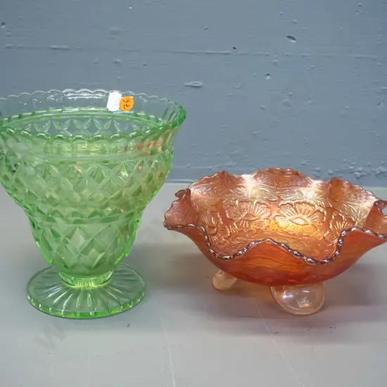 green uranium glass rose bowl vase H-160 D-160 w/ damaged frog and a marigold carnival glass frilled edge floral motif