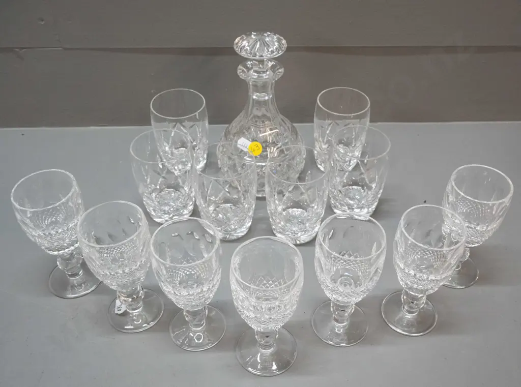 Stuart cut crystal small decanter with 6 glasses and 7 Waterford stemmed sherry or liqueur glasses. Decanter H170 Image 1++