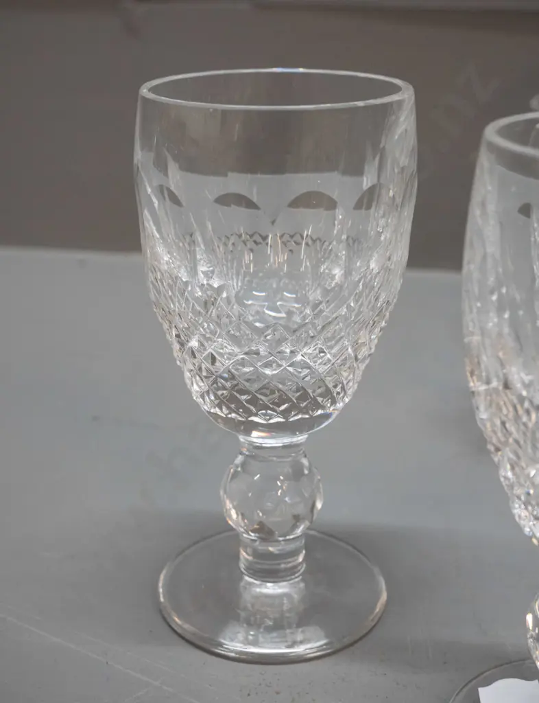 Stuart cut crystal small decanter with 6 glasses and 7 Waterford stemmed sherry or liqueur glasses. Decanter H170 Image 1++