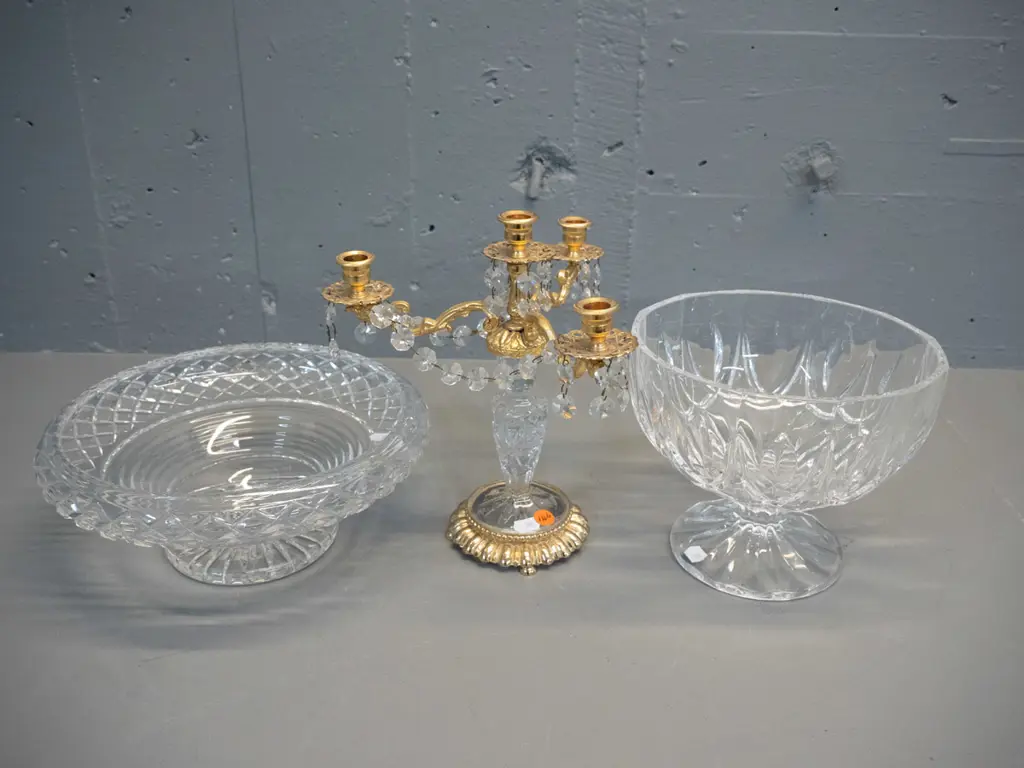 Stuart crystal bowl H-240, one other footed bowl and a gilt and crystal 4-candle candelabrum H-240 Image 1++