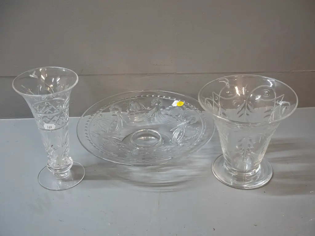 cut crystal comport and 2 vases - Stuart trumpet shape and other 2 Webb-Corbett. Large vase H-150 D-55 Image 1++