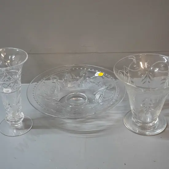 cut crystal comport and 2 vases - Stuart trumpet shape and other 2 Webb-Corbett. Large vase H-150 D-55