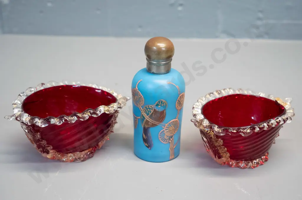 2 hand-crafted Italian ruby glass frilled gilt rim open salts and a hand decorated glass scent bottle H-100 Image 1++