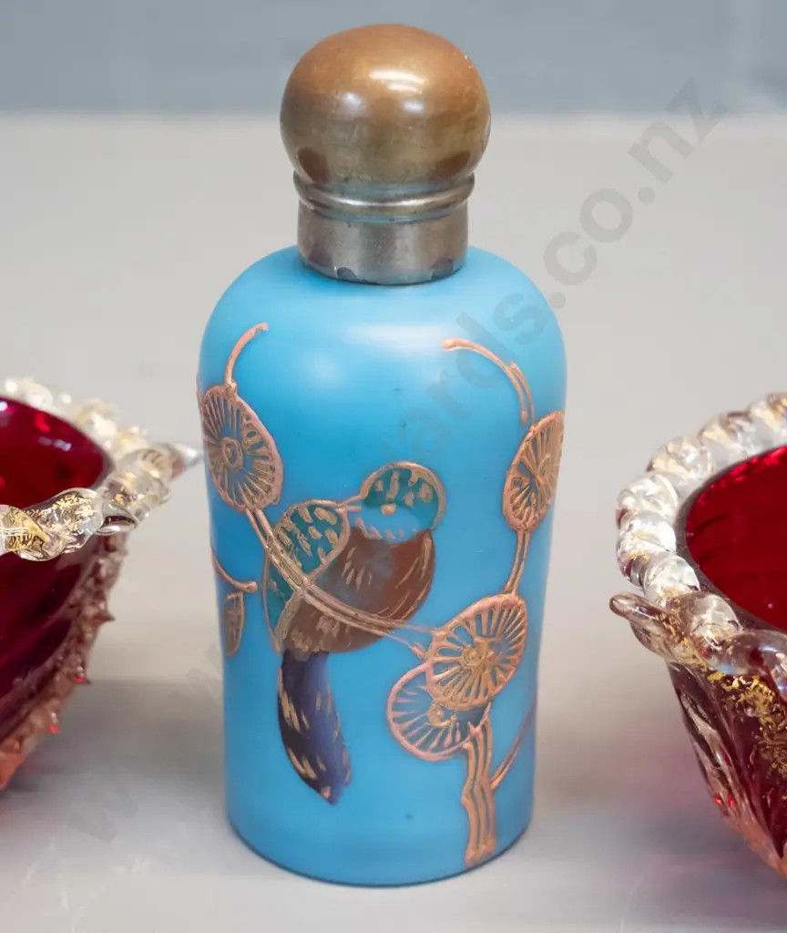 2 hand-crafted Italian ruby glass frilled gilt rim open salts and a hand decorated glass scent bottle H-100 Image 1++