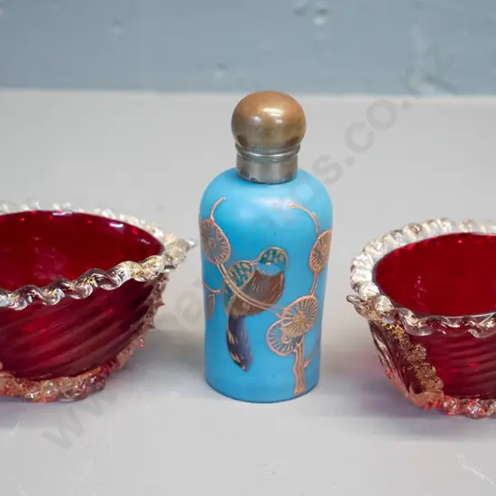 2 hand-crafted Italian ruby glass frilled gilt rim open salts and a hand decorated glass scent bottle H-100