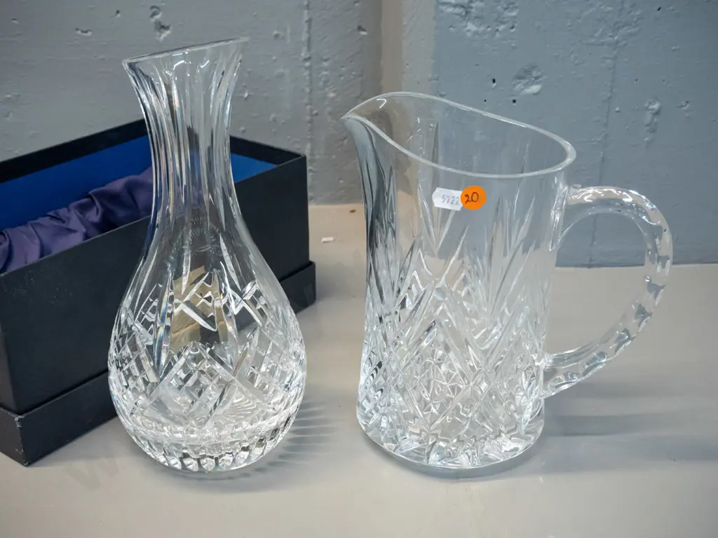 2 Stuart cut crystal items - heavy jug and a boxed carafe H-270 (packing tape stuck to original box) Image 1++