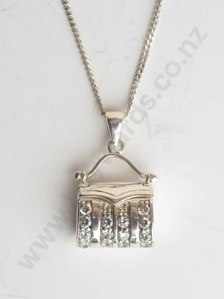 silver necklace handbag with CZs all stamped 925 Image 1++