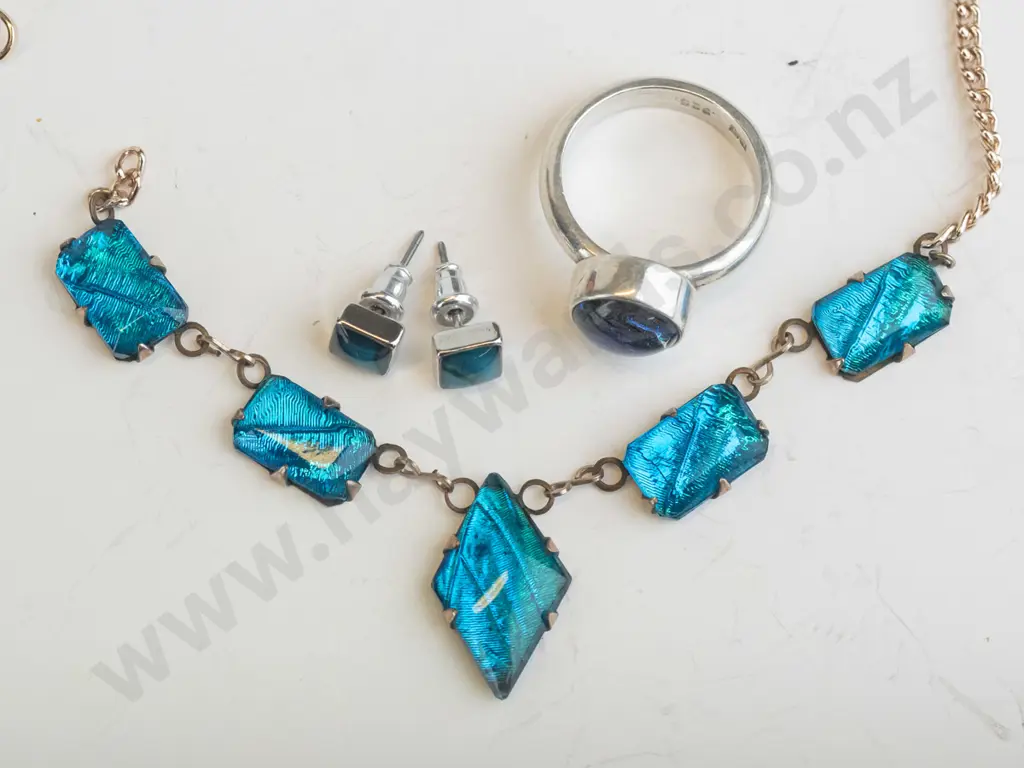 butterfly wing ring stamped 925. earrings [no mark] & necklace rolled gold [broken chain] Image 1++