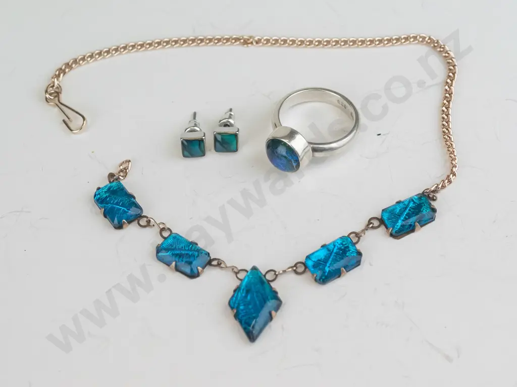 butterfly wing ring stamped 925. earrings [no mark] & necklace rolled gold [broken chain] Image 1++