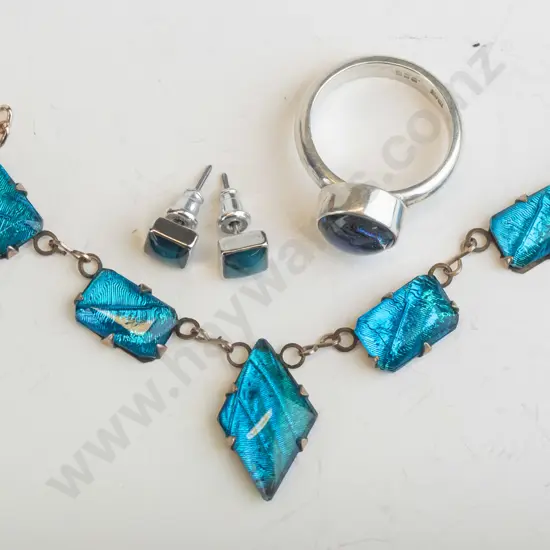 butterfly wing ring stamped 925. earrings [no mark] & necklace rolled gold [broken chain]