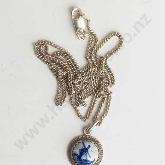 silver Dutch windmill scene necklace chain stamped 925