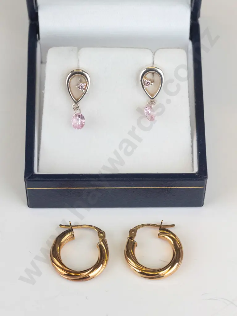 pair gold hoop earrings stamped 375 & pair of silver pink stone earrings stamped 925 Image 1++