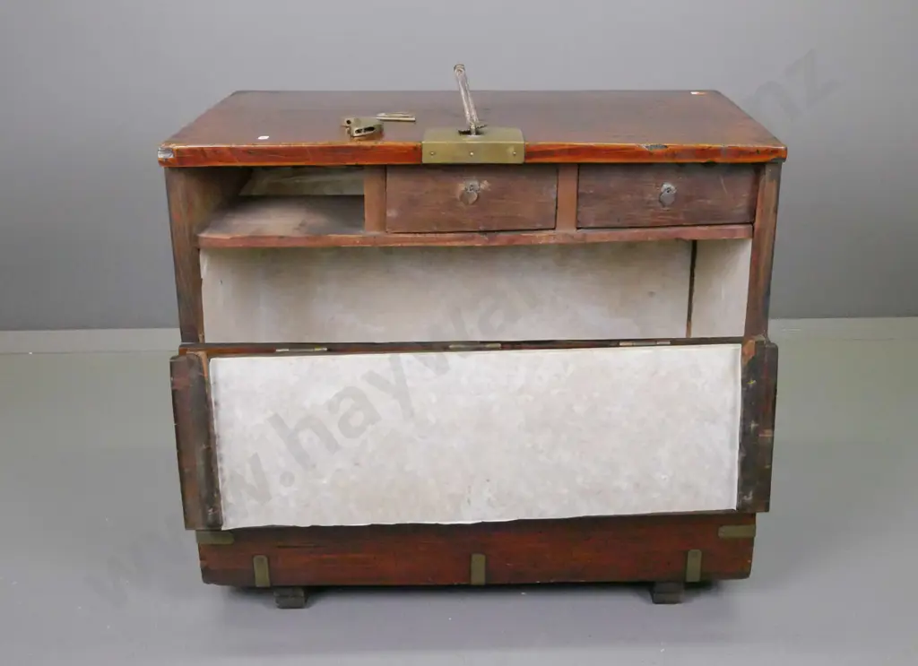 asian drop-front storage chest with 2 internal drawers, brass hinges, strapping, carry handles and fish motif lock, Image 1++