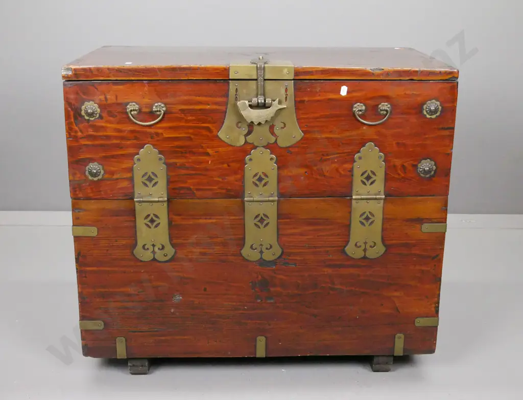 asian drop-front storage chest with 2 internal drawers, brass hinges, strapping, carry handles and fish motif lock, Image 1++