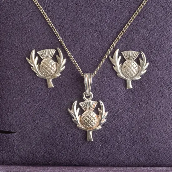 Scottish thistle necklace & earring set stamped 925