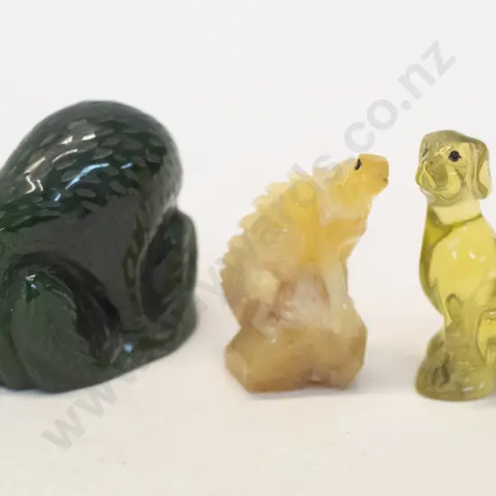 3 stone carvings - green Brazilian quartz dog H-35, Tanzanian honey opal lizard and a greenstone kiwi bird