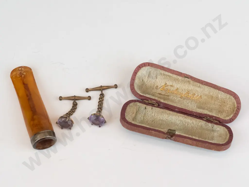 pipe mouth piece with silver rim stamped RL & S anchor, lion, O & pair amethyst cufflinks Image 1++