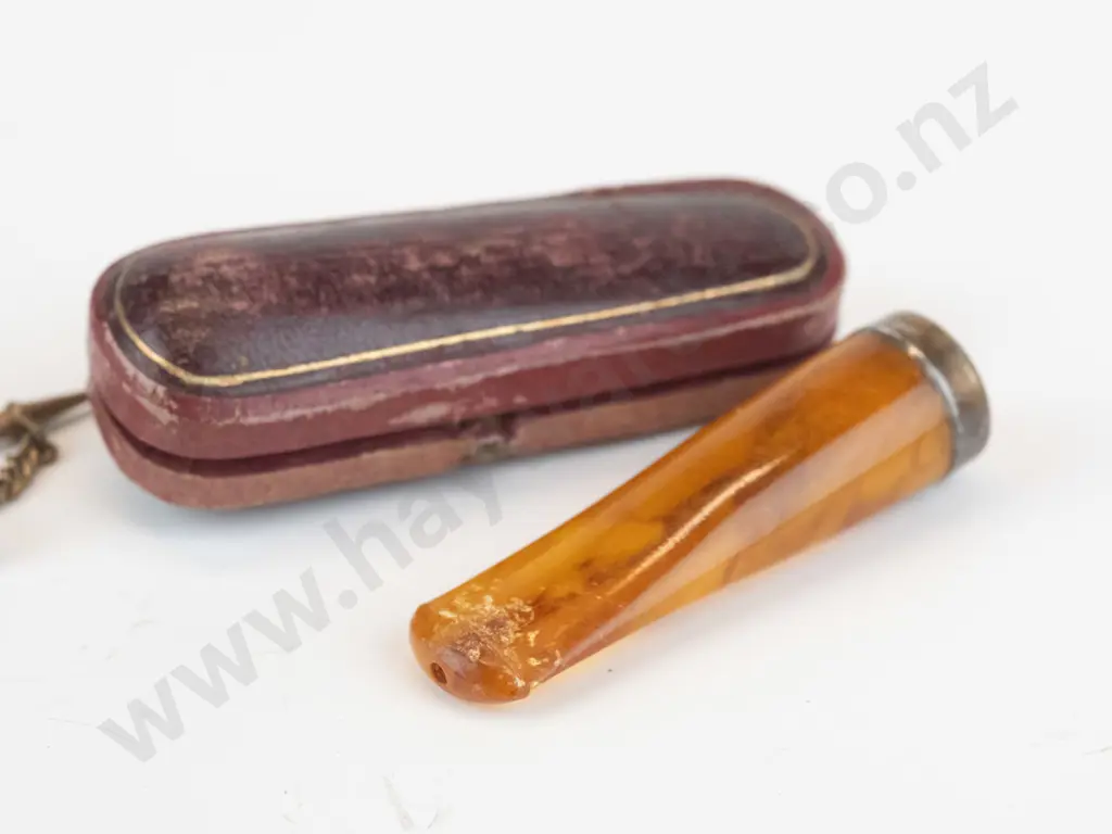 pipe mouth piece with silver rim stamped RL & S anchor, lion, O & pair amethyst cufflinks Image 1++