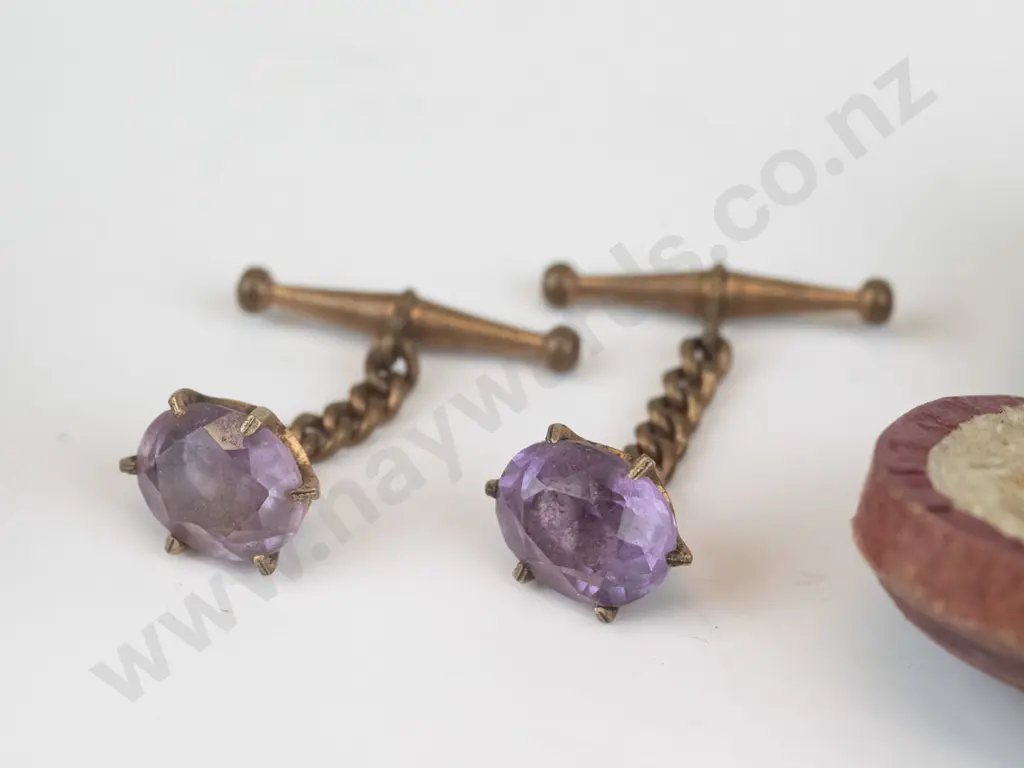 pipe mouth piece with silver rim stamped RL & S anchor, lion, O & pair amethyst cufflinks Image 1++