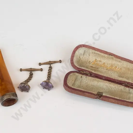 pipe mouth piece with silver rim stamped RL & S anchor, lion, O & pair amethyst cufflinks