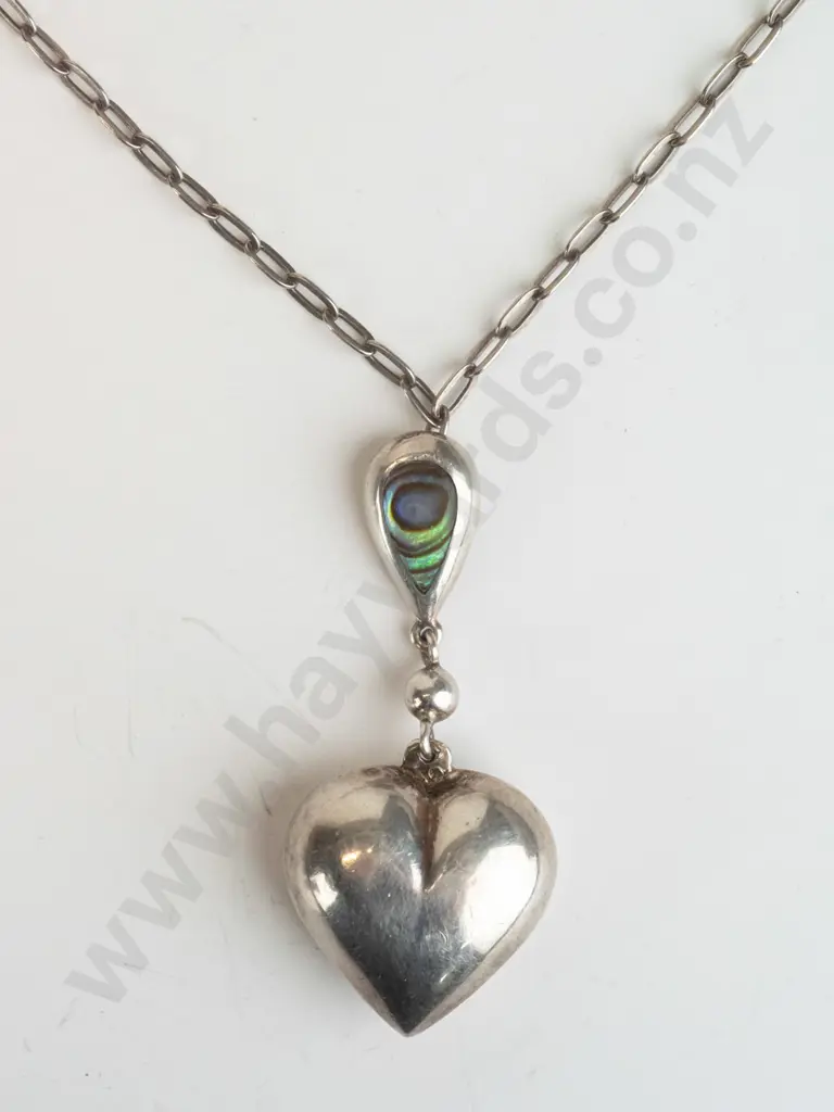 silver necklace with heart & paua shell stamped 925 Image 1++