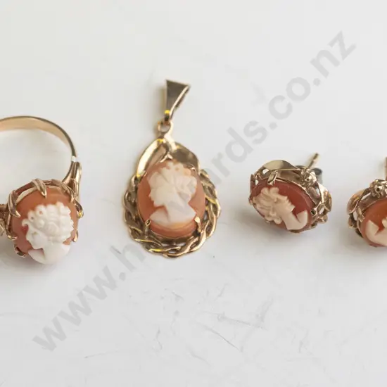 cameo ring stamped 9ct, cameo pendant stamped 9ct no chain & pair of cameo earrings no mark