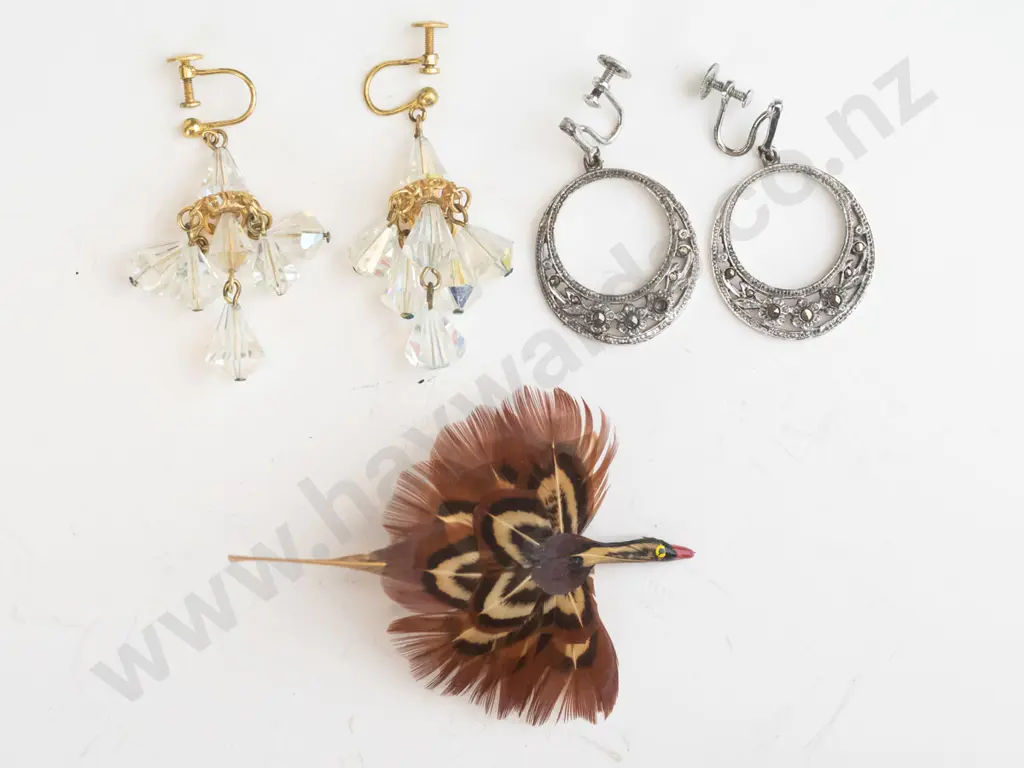 pair crystal earrings, pair marcasite [both screw on] & feathered bird brooch Image 1++